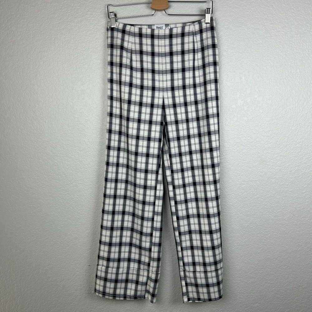 Princess Polly Women's Check Pants Black White High Rise 100% Cotton Size 6